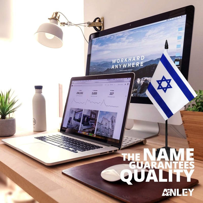 Anley Israel Deluxe Desk Flag Set - 6 x 4 Inch Miniature Israeli Desktop Flag with 12" Solid Pole - Vivid Color and Fade Resistant - Black Base and Spear Top - Image 1